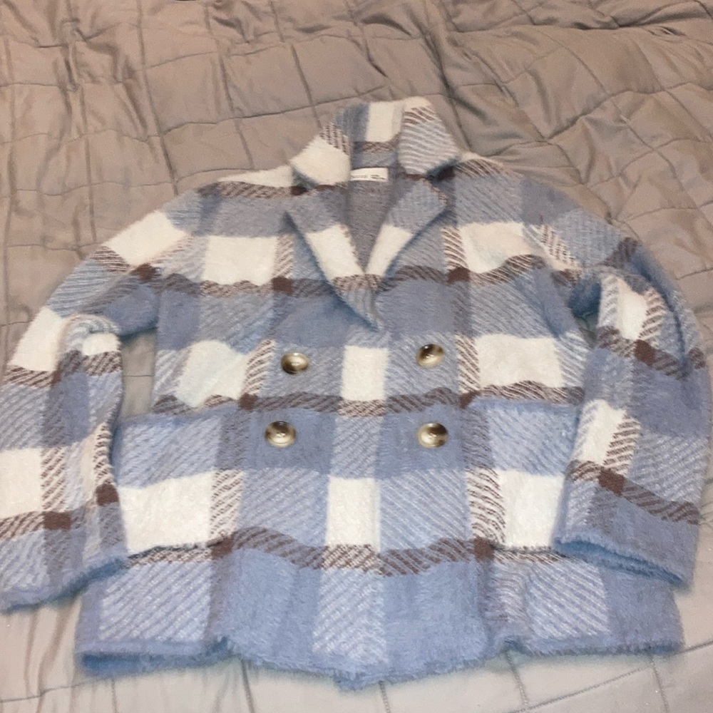 Becool sweater jacket. Blue, brown, white plaid